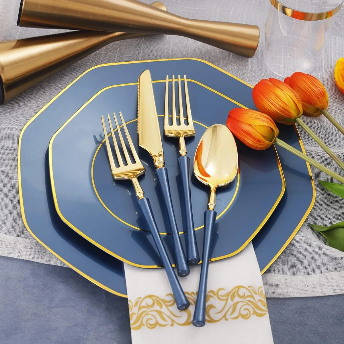 KIRE 140Pcs Blue Plastic Plates with Gold Rim for Graduation - Gold Disposable Plastic Silverware with Blue Handle&Clear Cups&Hand Napkin - Geometric Party Plates for Holiday/Party/Graduation