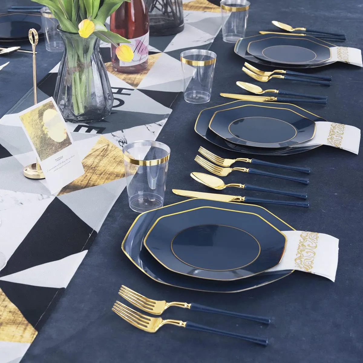 KIRE 140Pcs Blue Plastic Plates with Gold Rim for Graduation - Gold Disposable Plastic Silverware with Blue Handle&Clear Cups&Hand Napkin - Geometric Party Plates for Holiday/Party/Graduation