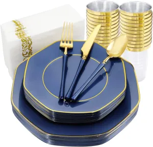 KIRE 140Pcs Blue Plastic Plates with Gold Rim for Graduation - Gold Disposable Plastic Silverware with Blue Handle&Clear Cups&Hand Napkin - Geometric Party Plates for Holiday/Party/Graduation
