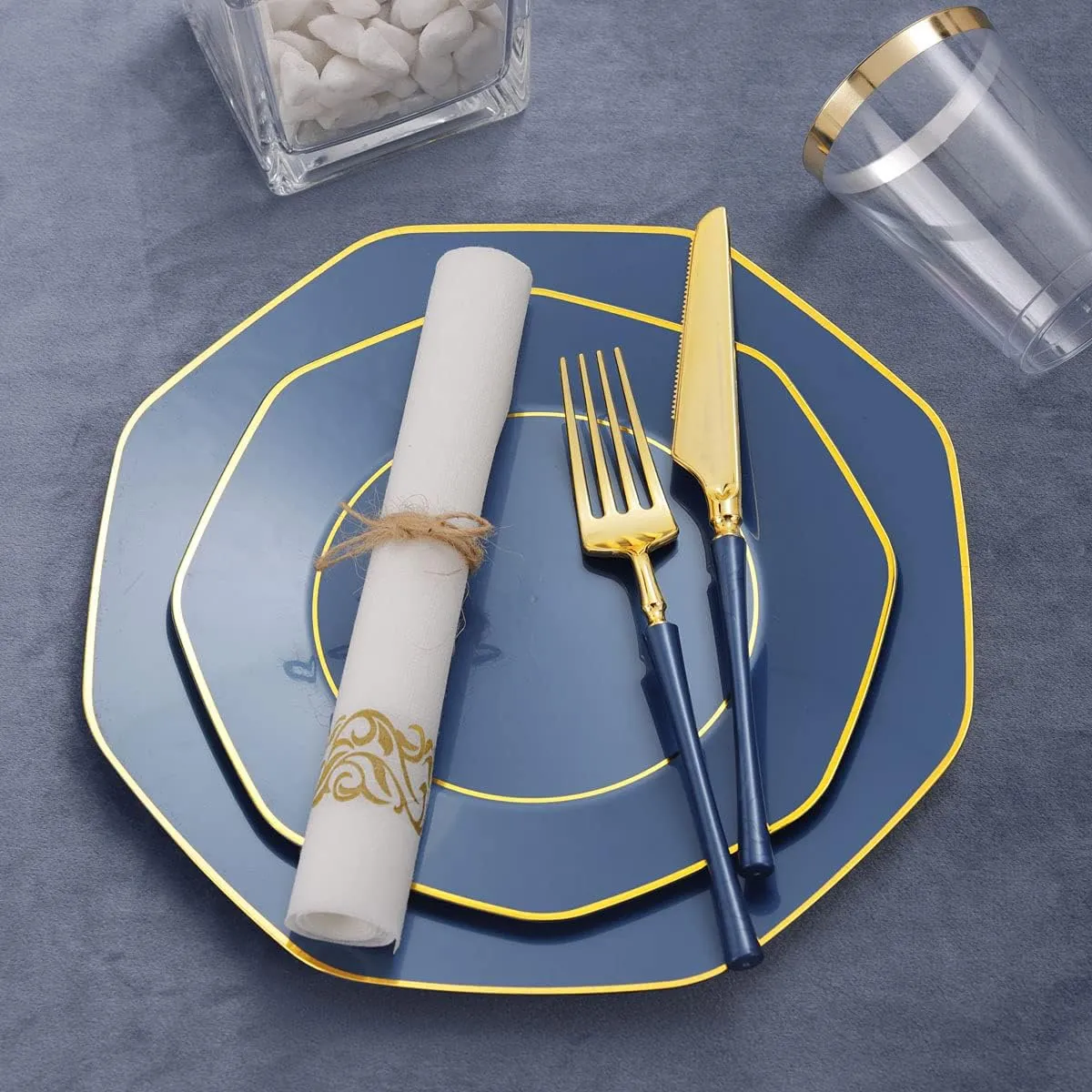 KIRE 140Pcs Blue Plastic Plates with Gold Rim for Graduation - Gold Disposable Plastic Silverware with Blue Handle&Clear Cups&Hand Napkin - Geometric Party Plates for Holiday/Party/Graduation