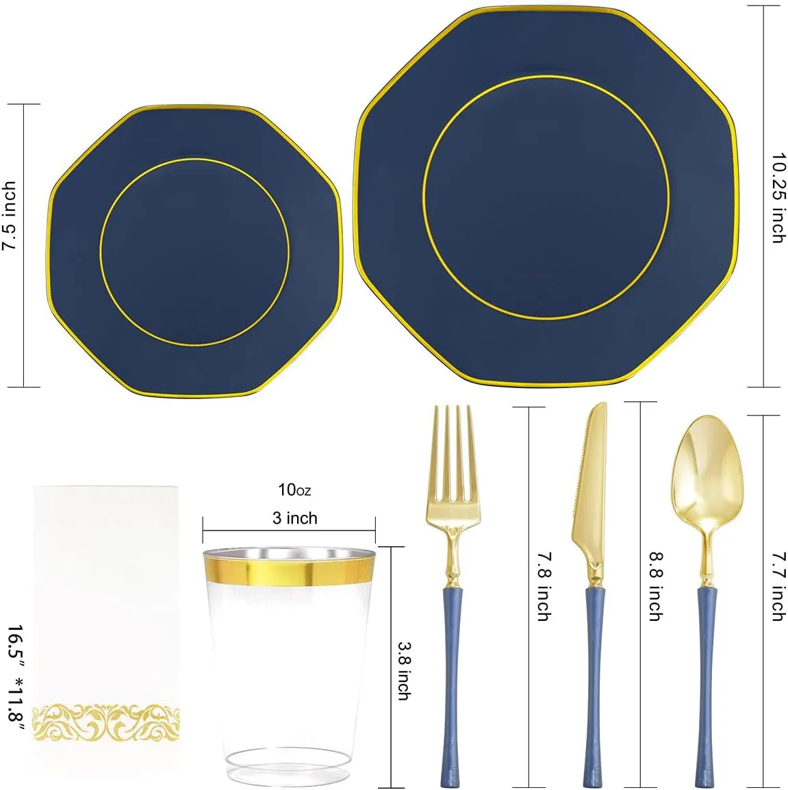 KIRE 140Pcs Blue Plastic Plates with Gold Rim for Graduation - Gold Disposable Plastic Silverware with Blue Handle&Clear Cups&Hand Napkin - Geometric Party Plates for Holiday/Party/Graduation