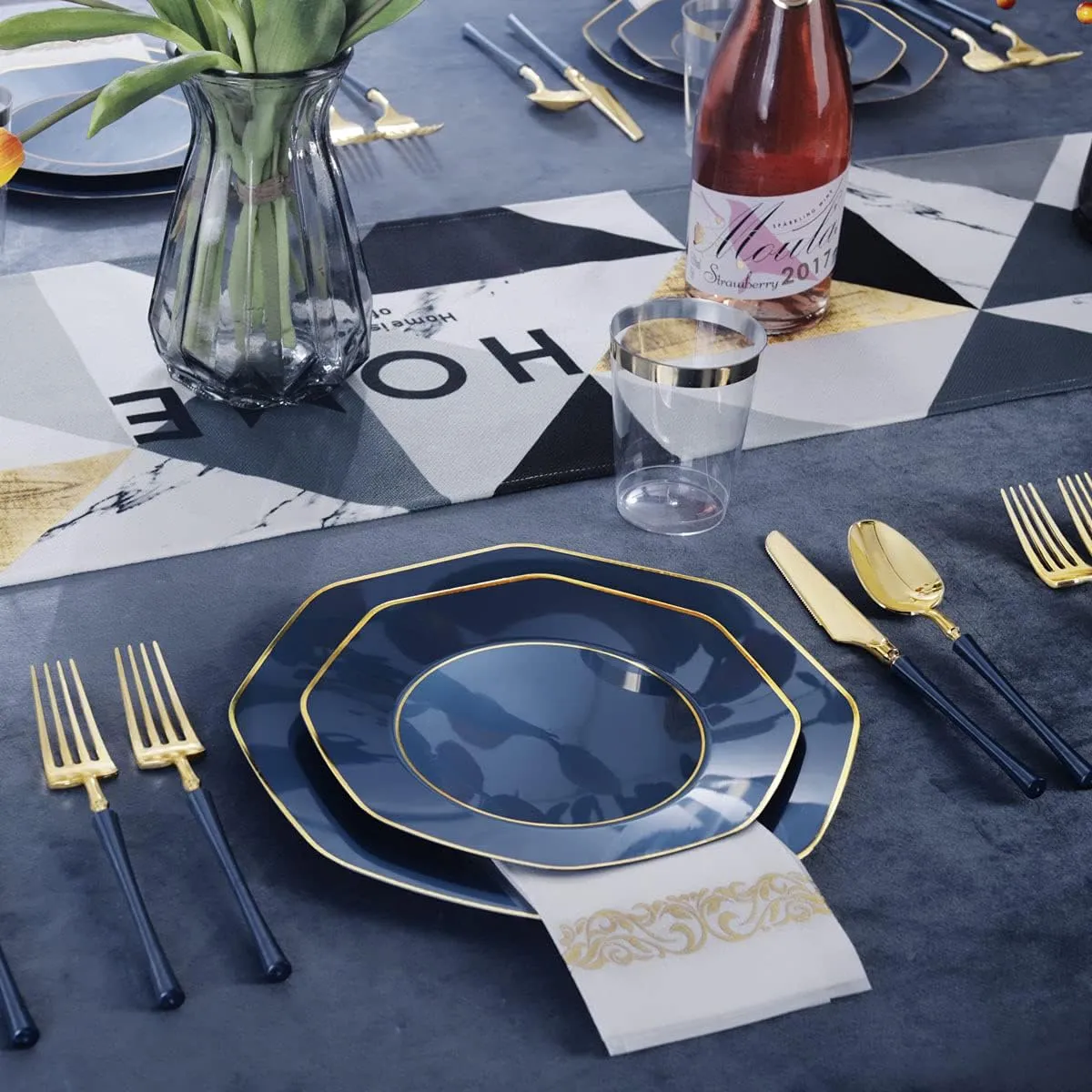 KIRE 140Pcs Blue Plastic Plates with Gold Rim for Graduation - Gold Disposable Plastic Silverware with Blue Handle&Clear Cups&Hand Napkin - Geometric Party Plates for Holiday/Party/Graduation