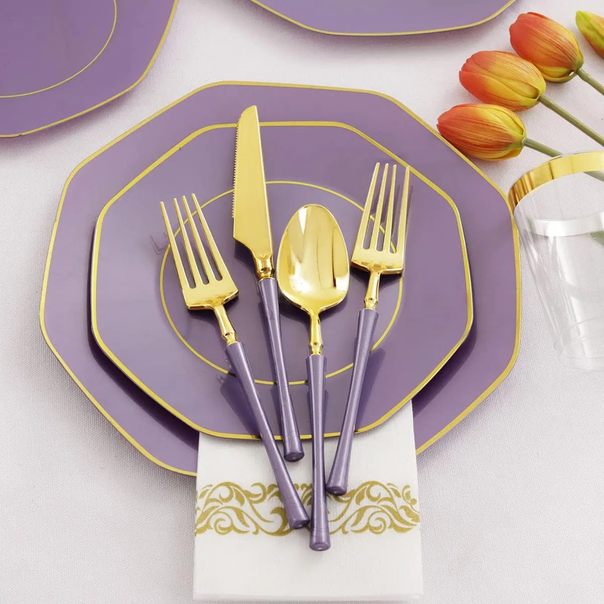 KIRE 140Pcs Purple Plastic Plates with Gold Rim& Gold Disposable Plastic Silverware with Handle&Clear Cups&Hand Napkin- Geometric Purple Plastic Plates for Parties & Mothers Day & Mardi Gras plates