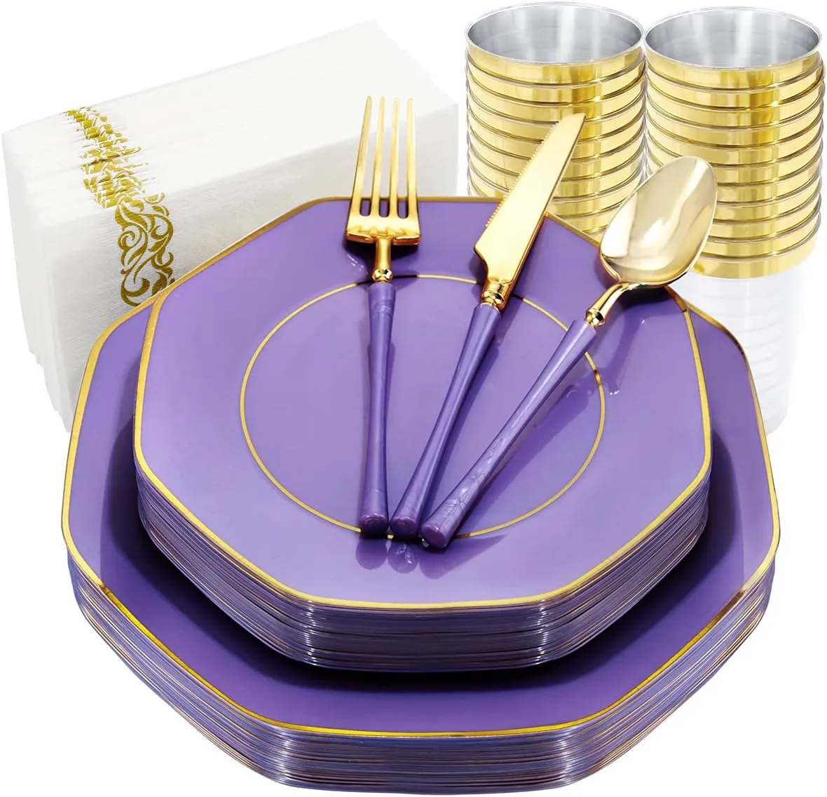 KIRE 140Pcs Purple Plastic Plates with Gold Rim& Gold Disposable Plastic Silverware with Handle&Clear Cups&Hand Napkin- Geometric Purple Plastic Plates for Parties & Mothers Day & Mardi Gras plates