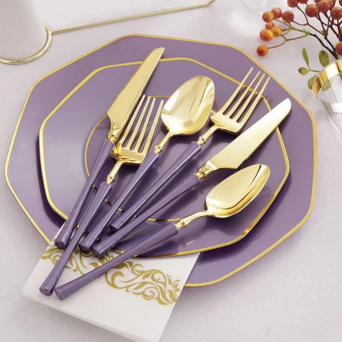KIRE 140Pcs Purple Plastic Plates with Gold Rim& Gold Disposable Plastic Silverware with Handle&Clear Cups&Hand Napkin- Geometric Purple Plastic Plates for Parties & Mothers Day & Mardi Gras plates