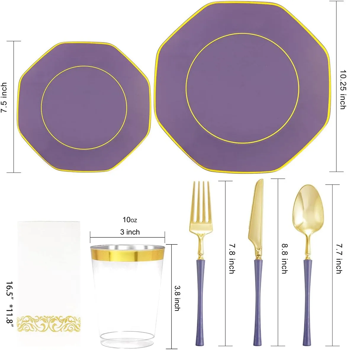 KIRE 140Pcs Purple Plastic Plates with Gold Rim& Gold Disposable Plastic Silverware with Handle&Clear Cups&Hand Napkin- Geometric Purple Plastic Plates for Parties & Mothers Day & Mardi Gras plates