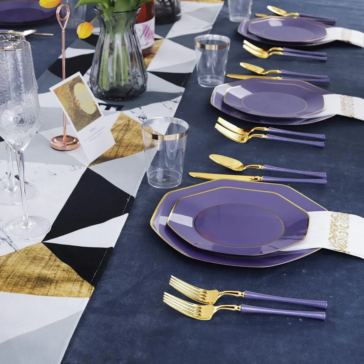 KIRE 140Pcs Purple Plastic Plates with Gold Rim& Gold Disposable Plastic Silverware with Handle&Clear Cups&Hand Napkin- Geometric Purple Plastic Plates for Parties & Mothers Day & Mardi Gras plates