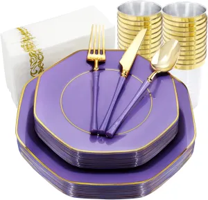 KIRE 140Pcs Purple Plastic Plates with Gold Rim& Gold Disposable Plastic Silverware with Handle&Clear Cups&Hand Napkin- Geometric Purple Plastic Plates for Parties & Mothers Day & Mardi Gras plates