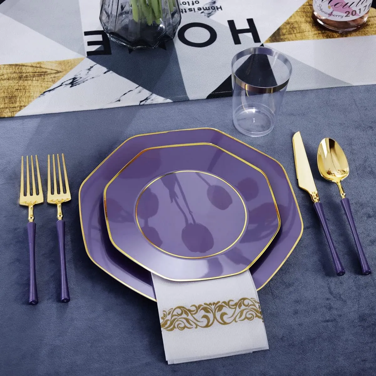KIRE 140Pcs Purple Plastic Plates with Gold Rim& Gold Disposable Plastic Silverware with Handle&Clear Cups&Hand Napkin- Geometric Purple Plastic Plates for Parties & Mothers Day & Mardi Gras plates