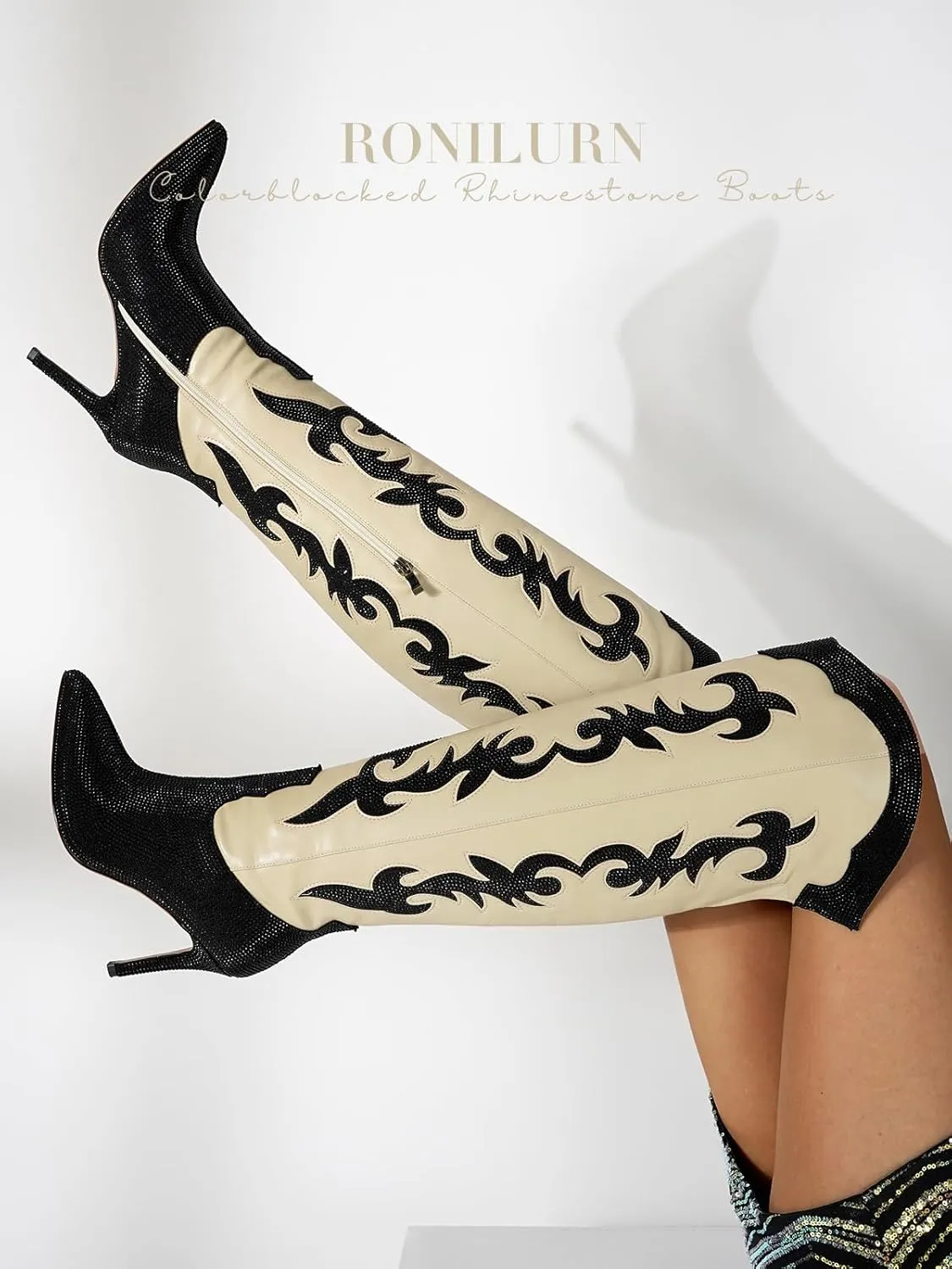 Knee High Cowgirl Cowboy Boots for Women Boots Rhinestone Bling Western Pointed Toe Stiletto Heel Pull On Fashion Shoes Tall Black Boot
