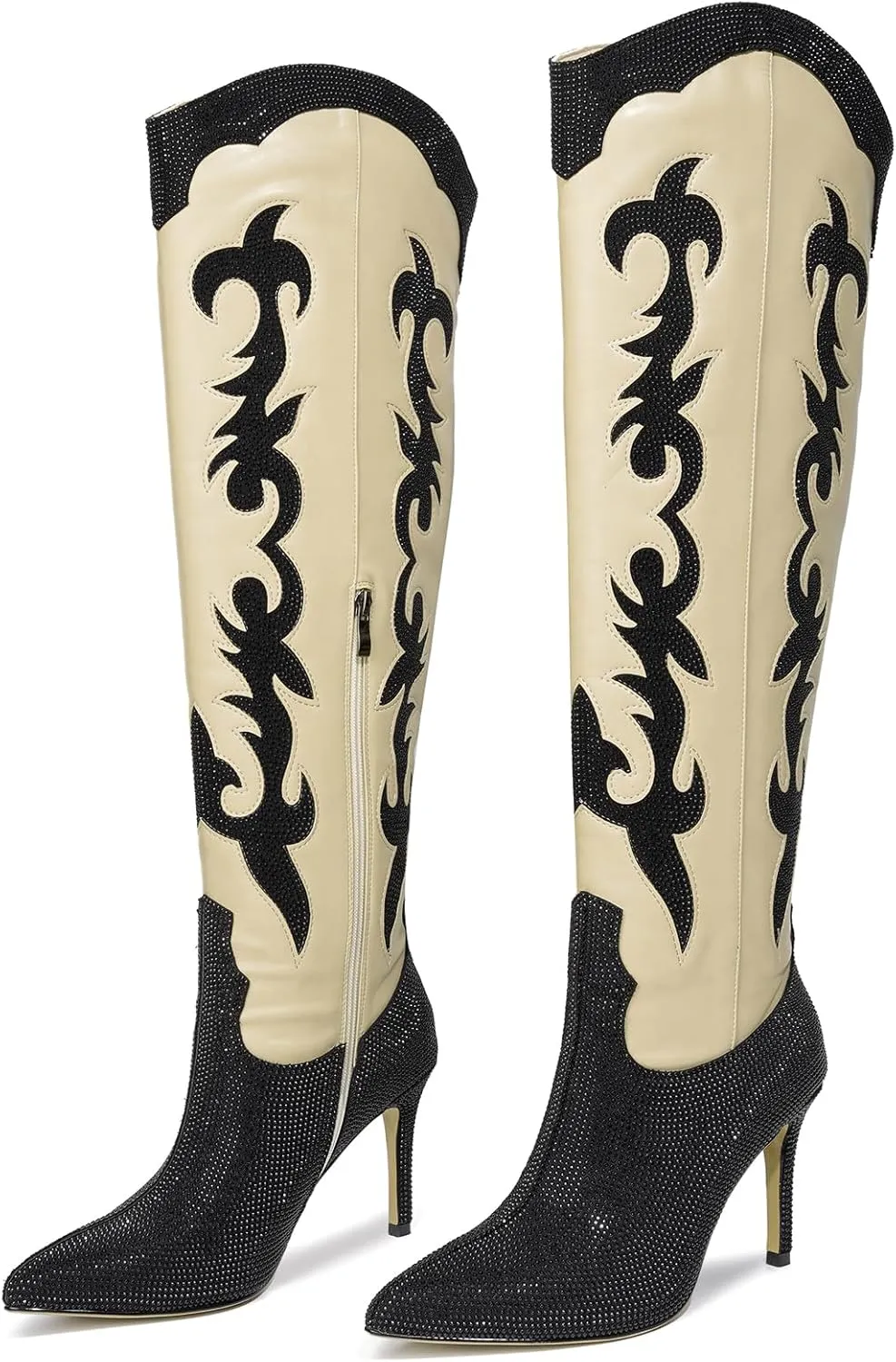 Knee High Cowgirl Cowboy Boots for Women Boots Rhinestone Bling Western Pointed Toe Stiletto Heel Pull On Fashion Shoes Tall Black Boot