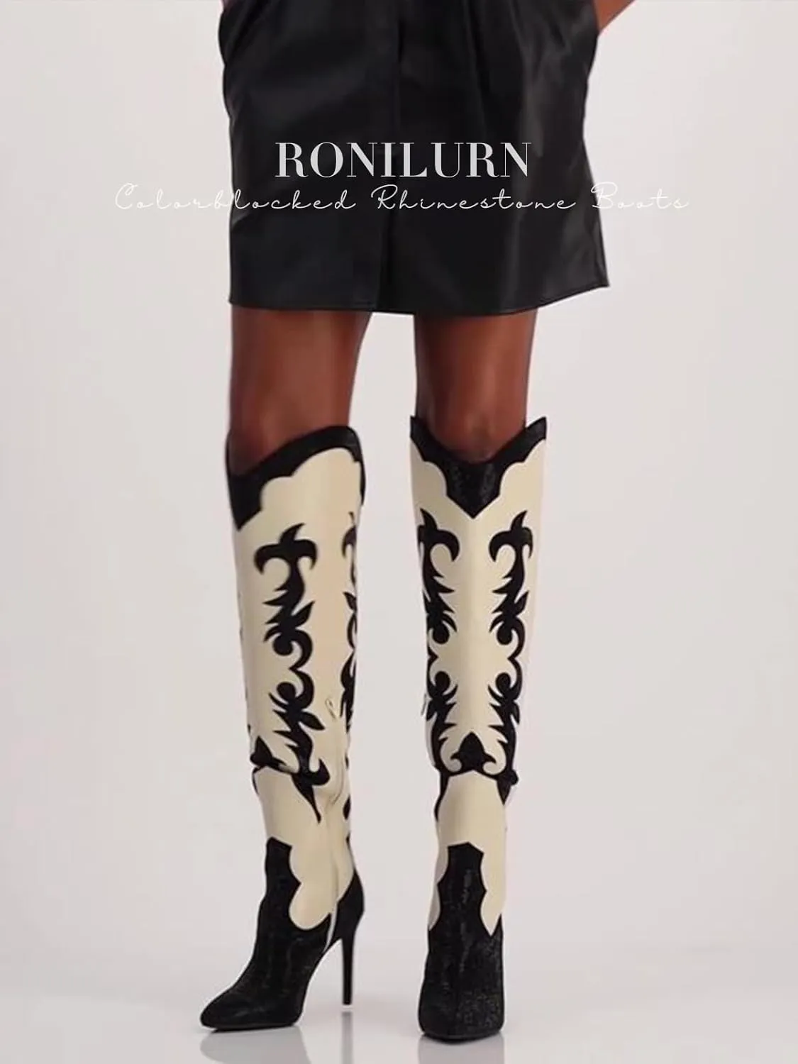 Knee High Cowgirl Cowboy Boots for Women Boots Rhinestone Bling Western Pointed Toe Stiletto Heel Pull On Fashion Shoes Tall Black Boot