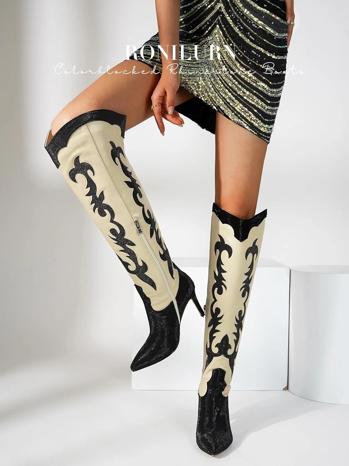 Knee High Cowgirl Cowboy Boots for Women Boots Rhinestone Bling Western Pointed Toe Stiletto Heel Pull On Fashion Shoes Tall Black Boot