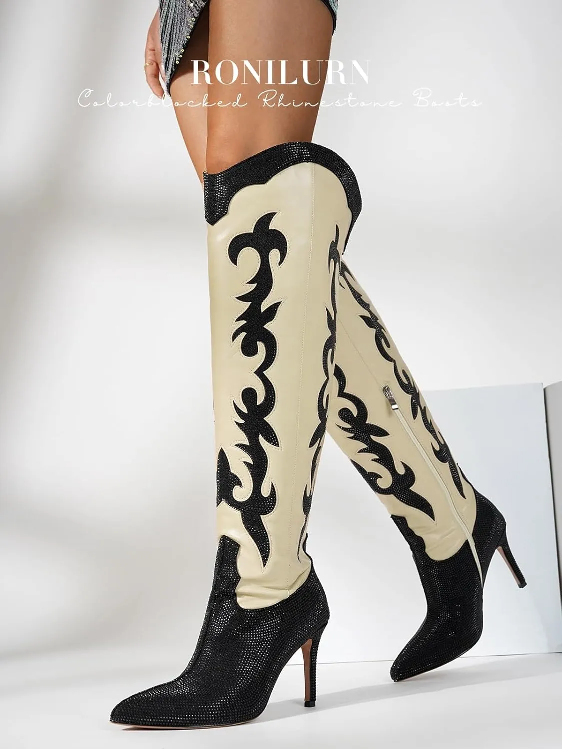 Knee High Cowgirl Cowboy Boots for Women Boots Rhinestone Bling Western Pointed Toe Stiletto Heel Pull On Fashion Shoes Tall Black Boot