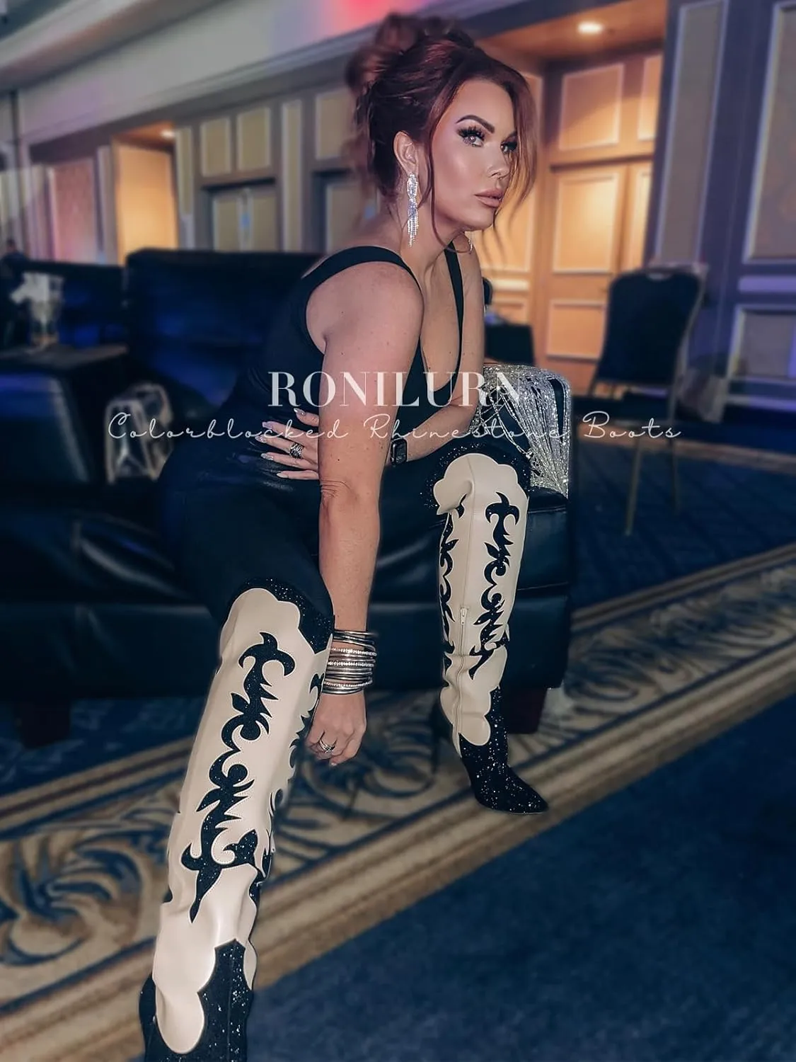Knee High Cowgirl Cowboy Boots for Women Boots Rhinestone Bling Western Pointed Toe Stiletto Heel Pull On Fashion Shoes Tall Black Boot
