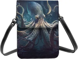Kraken monster octopus underwater vintage Leather Small Crossbody Bags for Women Cell Phone Bag Wallet Purses with Adjustable Strap