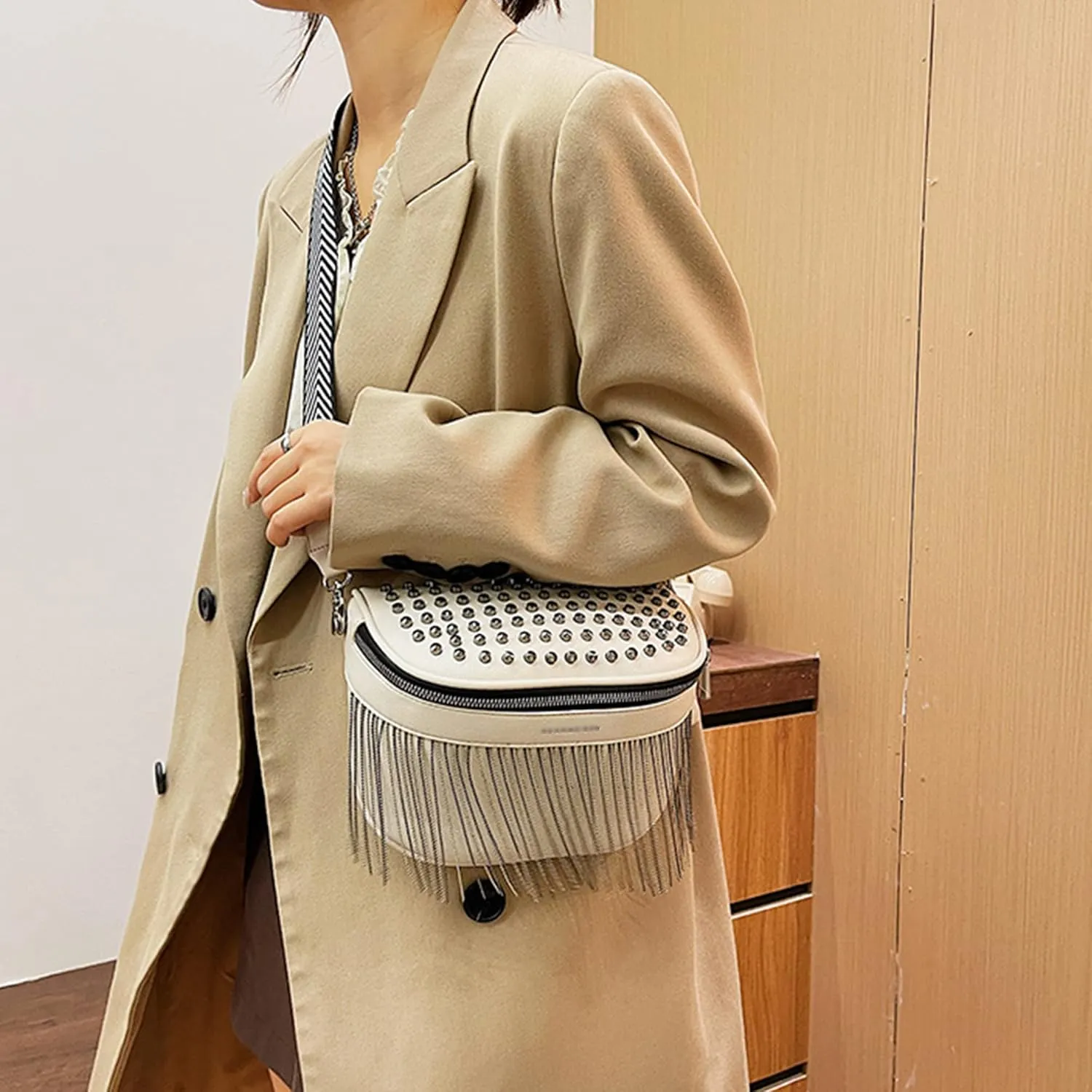 LABANCA Women Rivet Studded Zipper Pocket Shoulder Purse Faux Leather Waist Packs Rave Chest Bag Festival Fanny Bag Purse