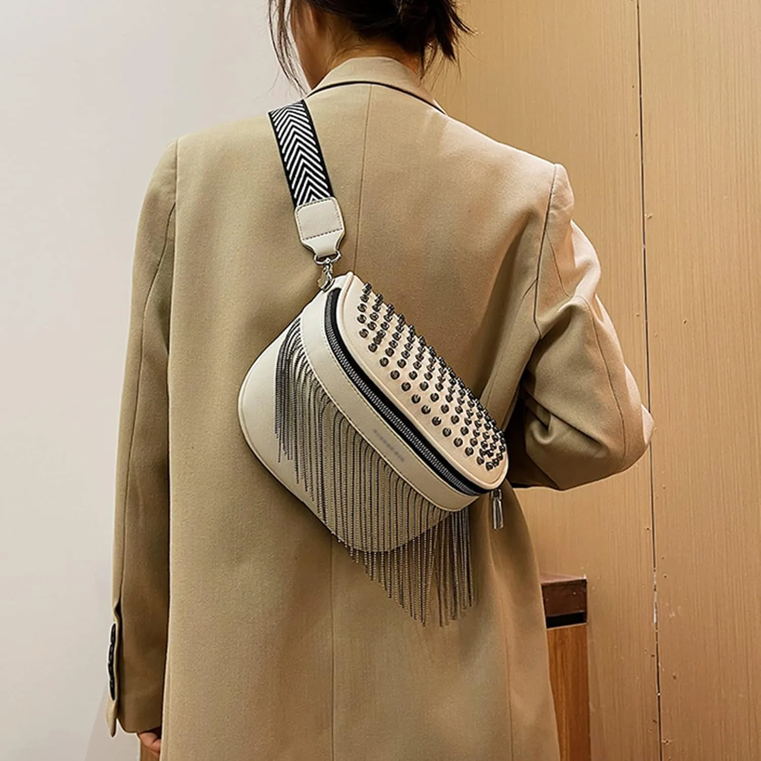 LABANCA Women Rivet Studded Zipper Pocket Shoulder Purse Faux Leather Waist Packs Rave Chest Bag Festival Fanny Bag Purse