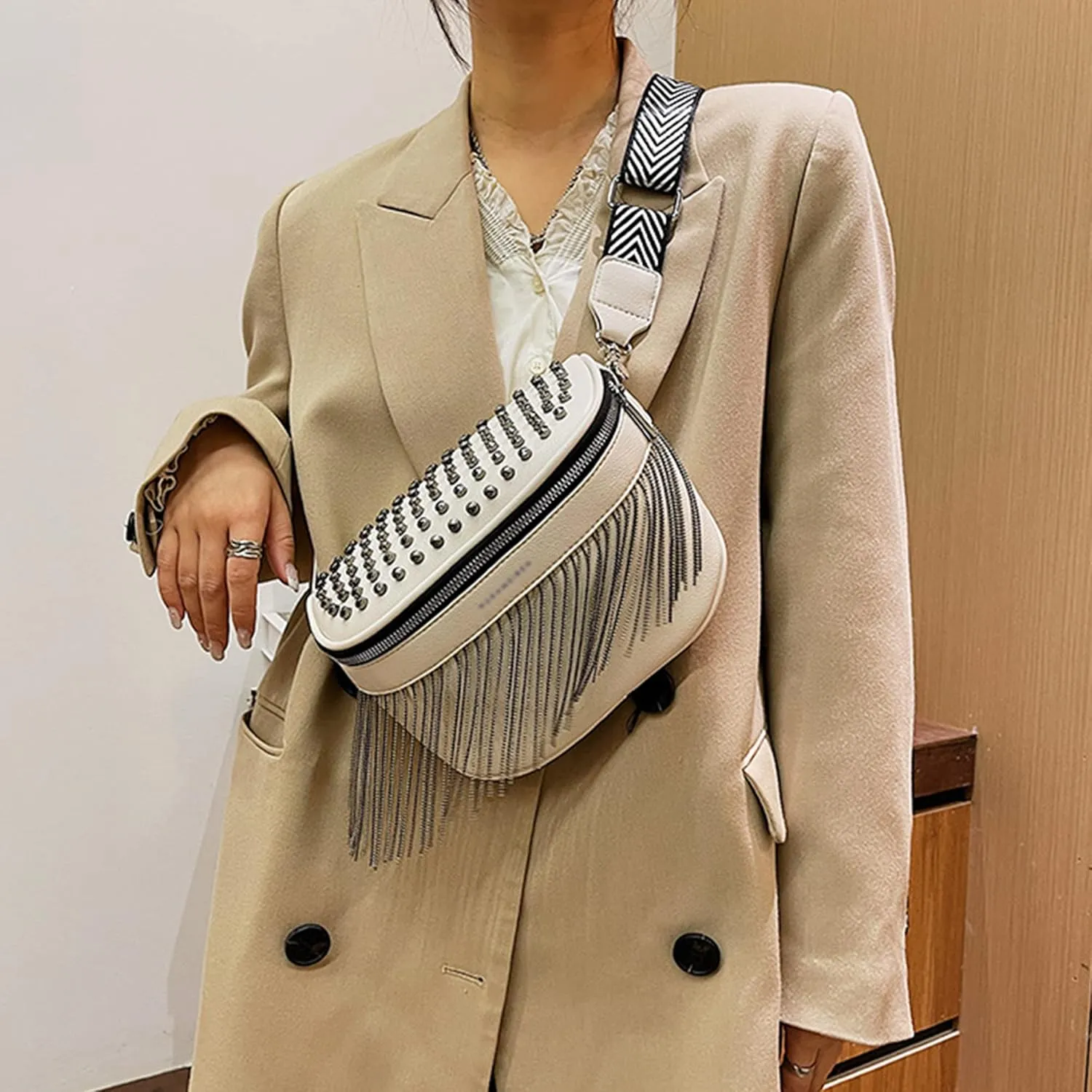 LABANCA Women Rivet Studded Zipper Pocket Shoulder Purse Faux Leather Waist Packs Rave Chest Bag Festival Fanny Bag Purse