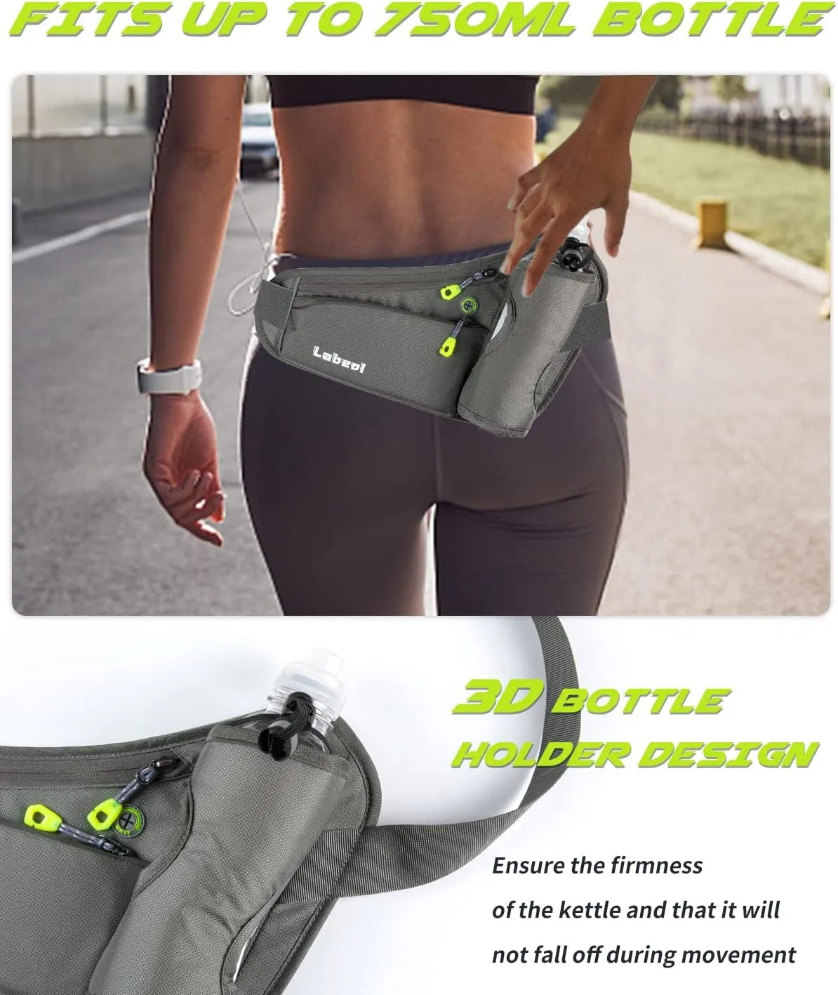 Labeol Running Belt with Water Bottles, Adjustable 2 Zipper Pockets Running Waist Pack Hydration Bag for Men and Women, Fanny Pack with Water Bottles for Hiking Climbing Jogging (Gray)