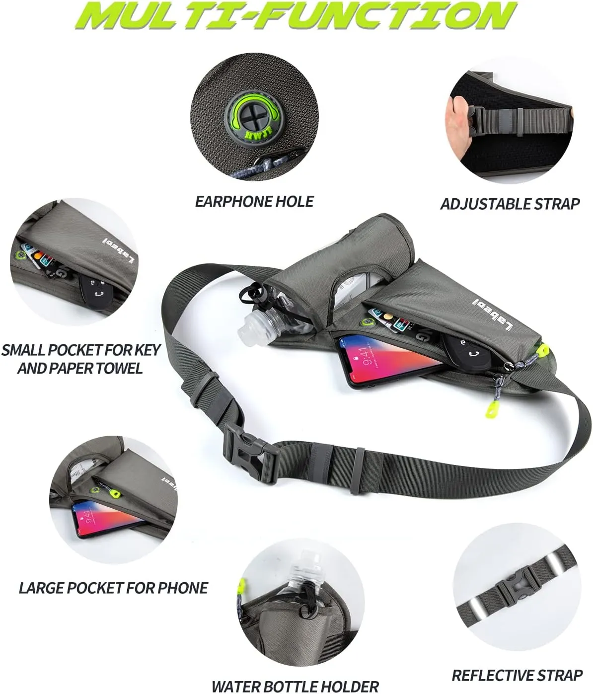 Labeol Running Belt with Water Bottles, Adjustable 2 Zipper Pockets Running Waist Pack Hydration Bag for Men and Women, Fanny Pack with Water Bottles for Hiking Climbing Jogging (Gray)