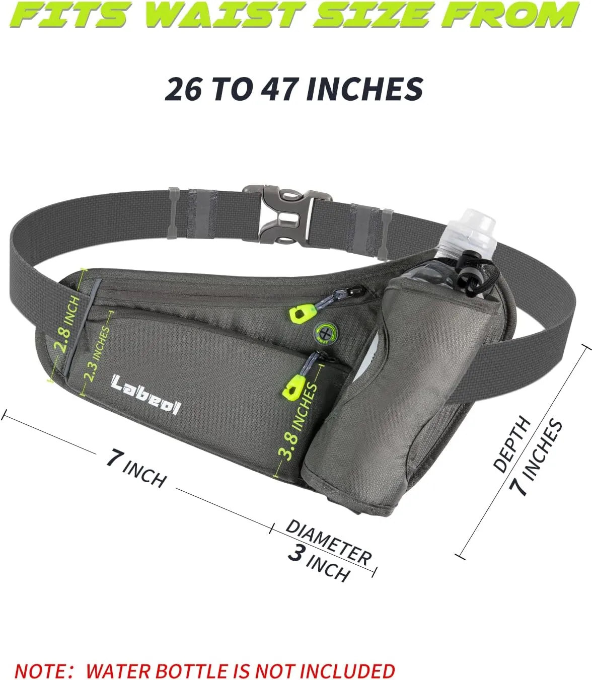 Labeol Running Belt with Water Bottles, Adjustable 2 Zipper Pockets Running Waist Pack Hydration Bag for Men and Women, Fanny Pack with Water Bottles for Hiking Climbing Jogging (Gray)