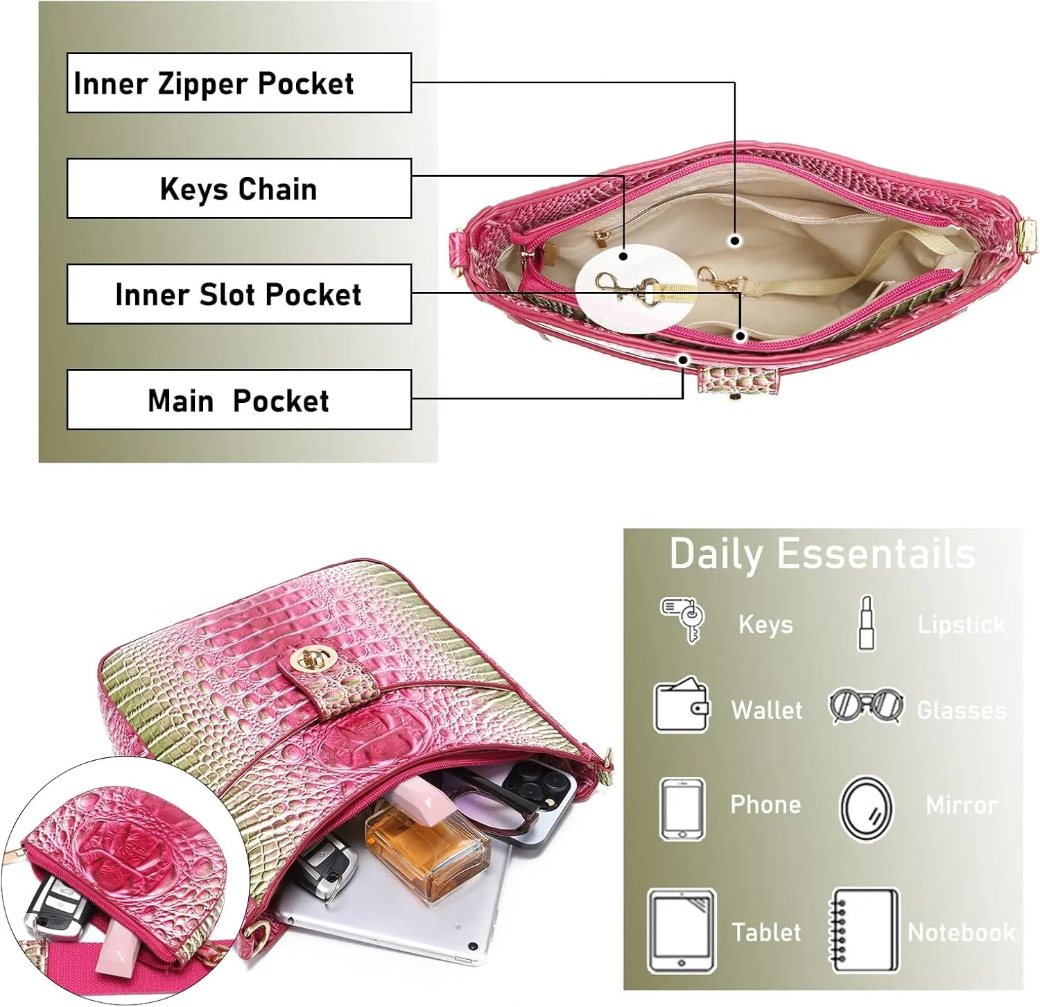 Ladies Tote Leather Bags for Women Crocodile Pattern HandBag Large Capacity Shoulder Purse