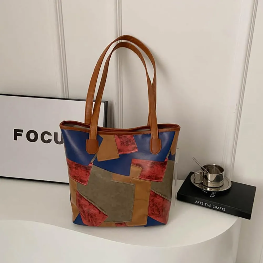 Large Capacity Top-Handle Handbag Tote, Retro Casual Colorful Geometric Pattern Satchel, PU Leather Fashion Shoulder Purse