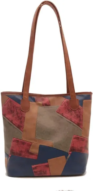 Large Capacity Top-Handle Handbag Tote, Retro Casual Colorful Geometric Pattern Satchel, PU Leather Fashion Shoulder Purse