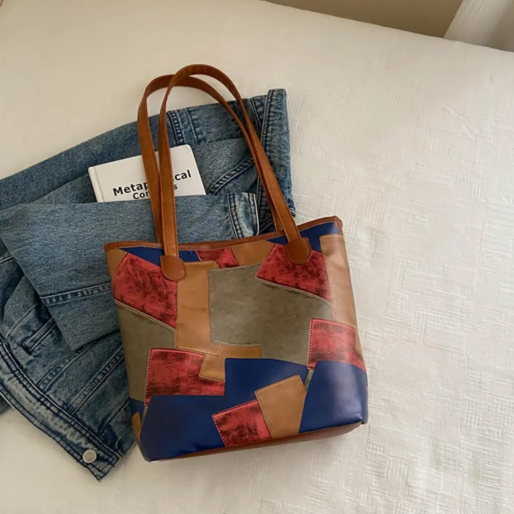 Large Capacity Top-Handle Handbag Tote, Retro Casual Colorful Geometric Pattern Satchel, PU Leather Fashion Shoulder Purse