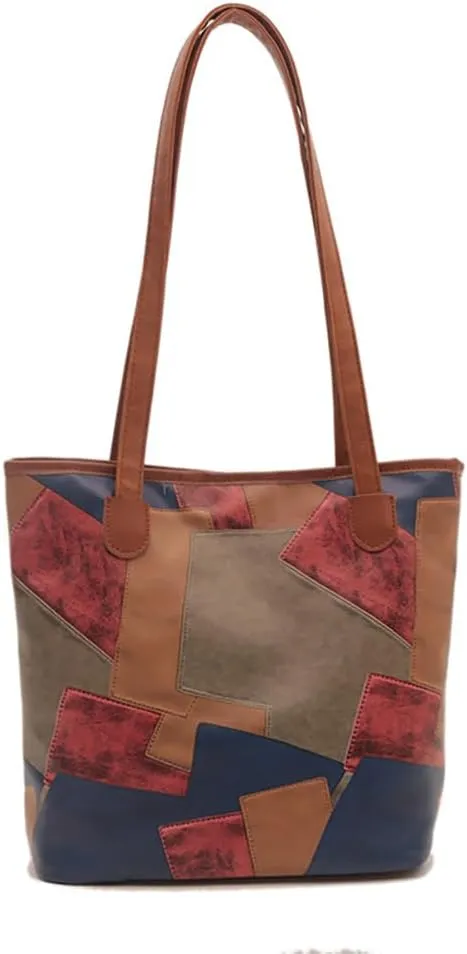 Large Capacity Top-Handle Handbag Tote, Retro Casual Colorful Geometric Pattern Satchel, PU Leather Fashion Shoulder Purse