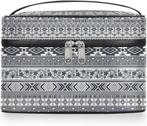 Large Makeup Bag Travel Cosmetic Bags for Women Grey Vintage Boho Geometric Chevron Aztec Makeup Organizer Case Toiletry Bag for Girls Traveling Wide Open Portable Pouch with Handle