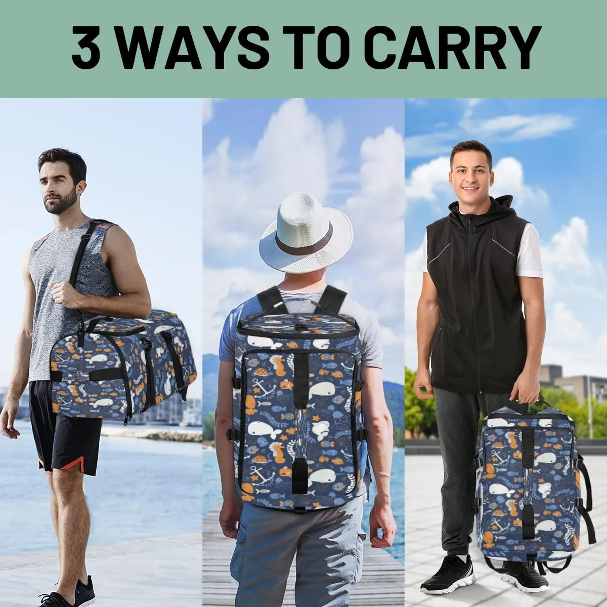 Large Sports Gym Bag With Shoe & Laptop Compartment 47L Waterproof Travel Duffel Bags for Men Women Dolphin Starfish Coral Luggage Backpack Duffle Bag
