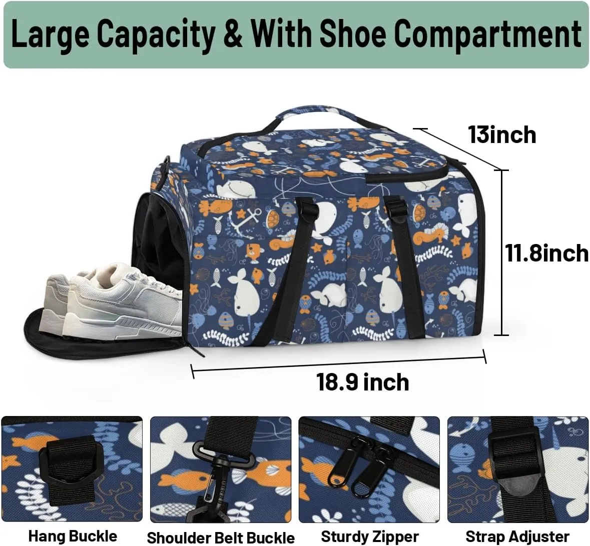Large Sports Gym Bag With Shoe & Laptop Compartment 47L Waterproof Travel Duffel Bags for Men Women Dolphin Starfish Coral Luggage Backpack Duffle Bag