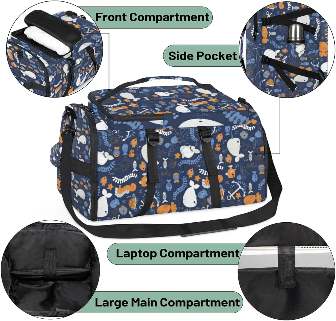 Large Sports Gym Bag With Shoe & Laptop Compartment 47L Waterproof Travel Duffel Bags for Men Women Dolphin Starfish Coral Luggage Backpack Duffle Bag