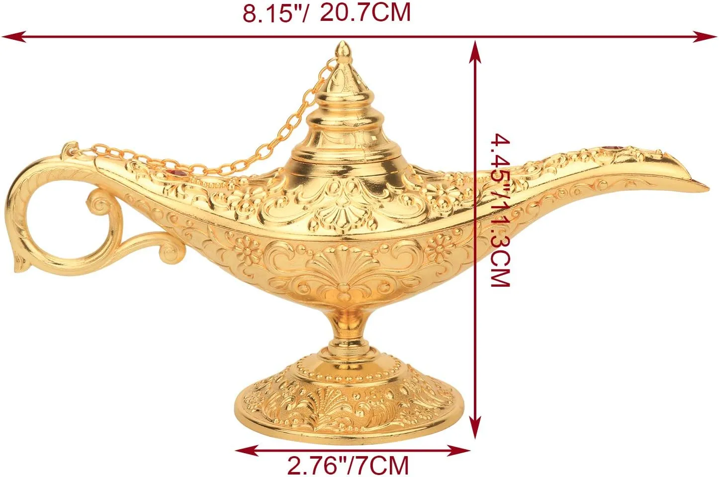 LAUYOO Classic Aladdin Magic Genie Lamp Legend Wishing Light Costume Lamp Metal Carved Arabian Props for Home Tabletop Decoration Party Birthday Halloween Christmas Size 7 x 20.7 x 11.3CM-Gold