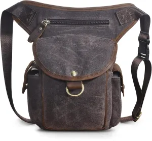 Le'aokuu Men Canvas And Genuine Leather Messenger Waterproof Shoulder Bag Motorcycle Tactic Fanny Belt Waist Bag Pack Pouch Drop Leg Bag 9938 (0 Dark Coffee)