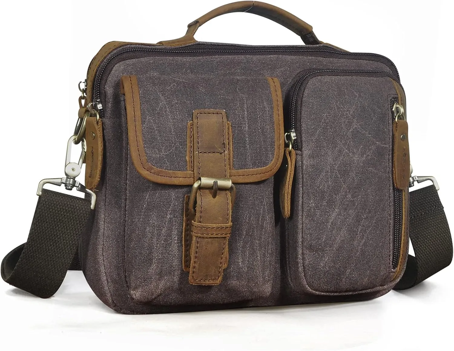 Le'aokuu Mens Canvas And Genuine Leather Cross Body Case Waterproof Messenger Bag Shoulder Satchel Tote Bag 036 (0 Dark Brown)