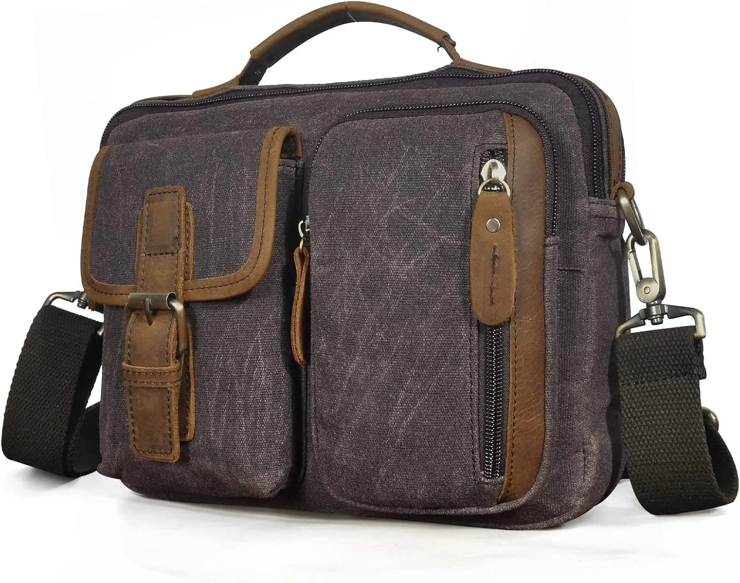 Le'aokuu Mens Canvas And Genuine Leather Cross Body Case Waterproof Messenger Bag Shoulder Satchel Tote Bag 036 (0 Dark Brown)