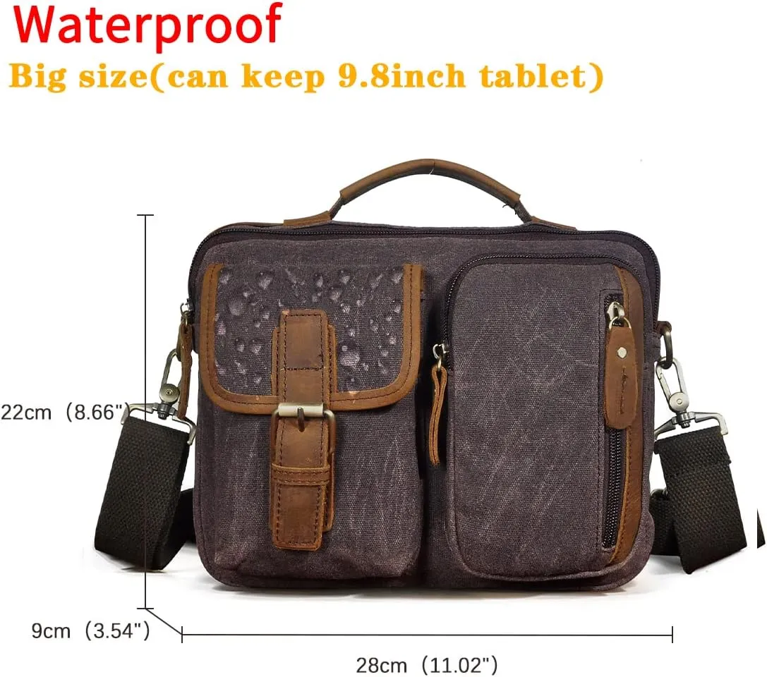 Le'aokuu Mens Canvas And Genuine Leather Cross Body Case Waterproof Messenger Bag Shoulder Satchel Tote Bag 036 (0 Dark Brown)
