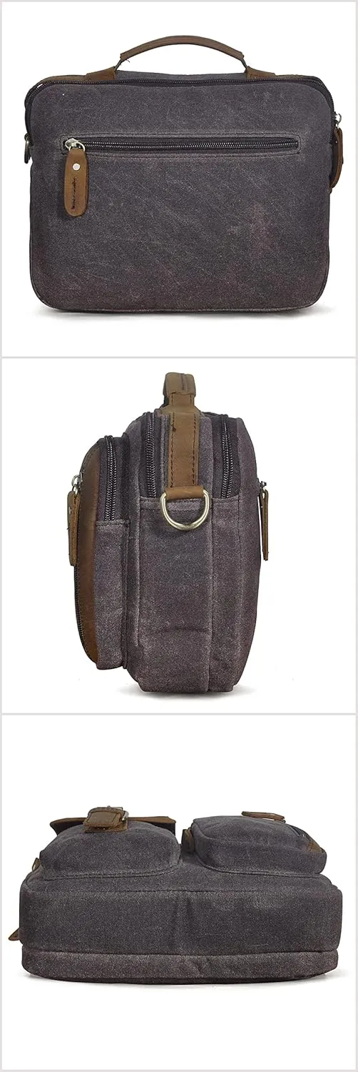 Le'aokuu Mens Canvas And Genuine Leather Cross Body Case Waterproof Messenger Bag Shoulder Satchel Tote Bag 036 (0 Dark Brown)