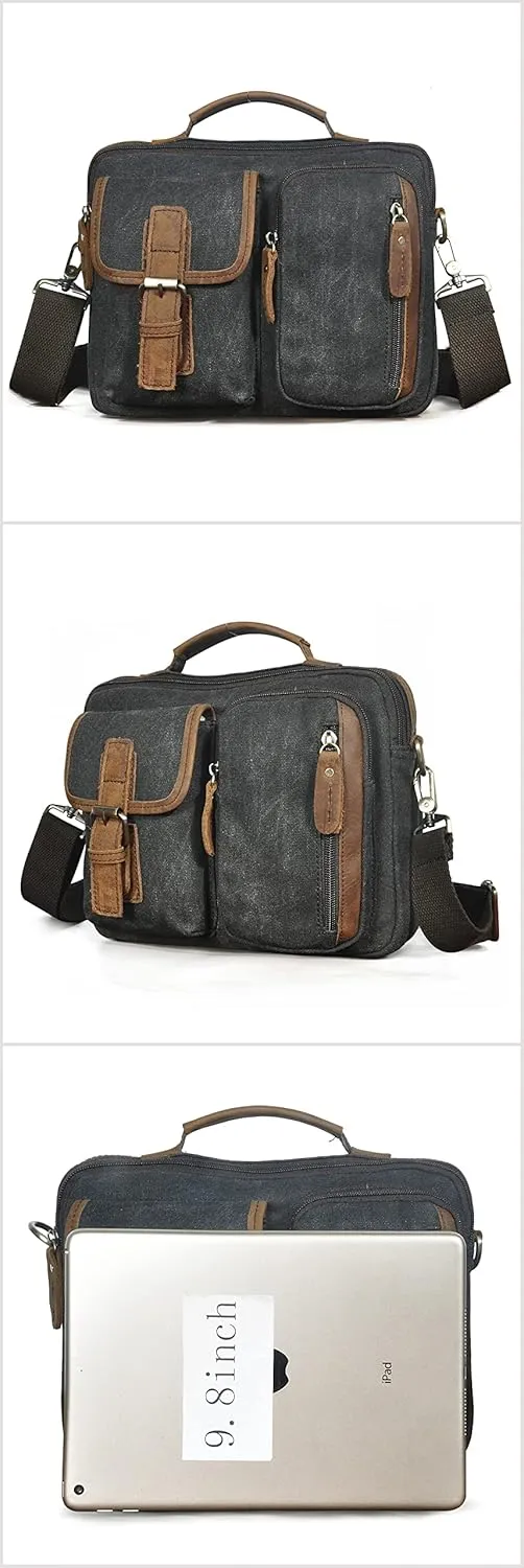 Le'aokuu Mens Canvas And Genuine Leather Cross Body Case Waterproof Messenger Bag Shoulder Satchel Tote Bag 036 (Black)