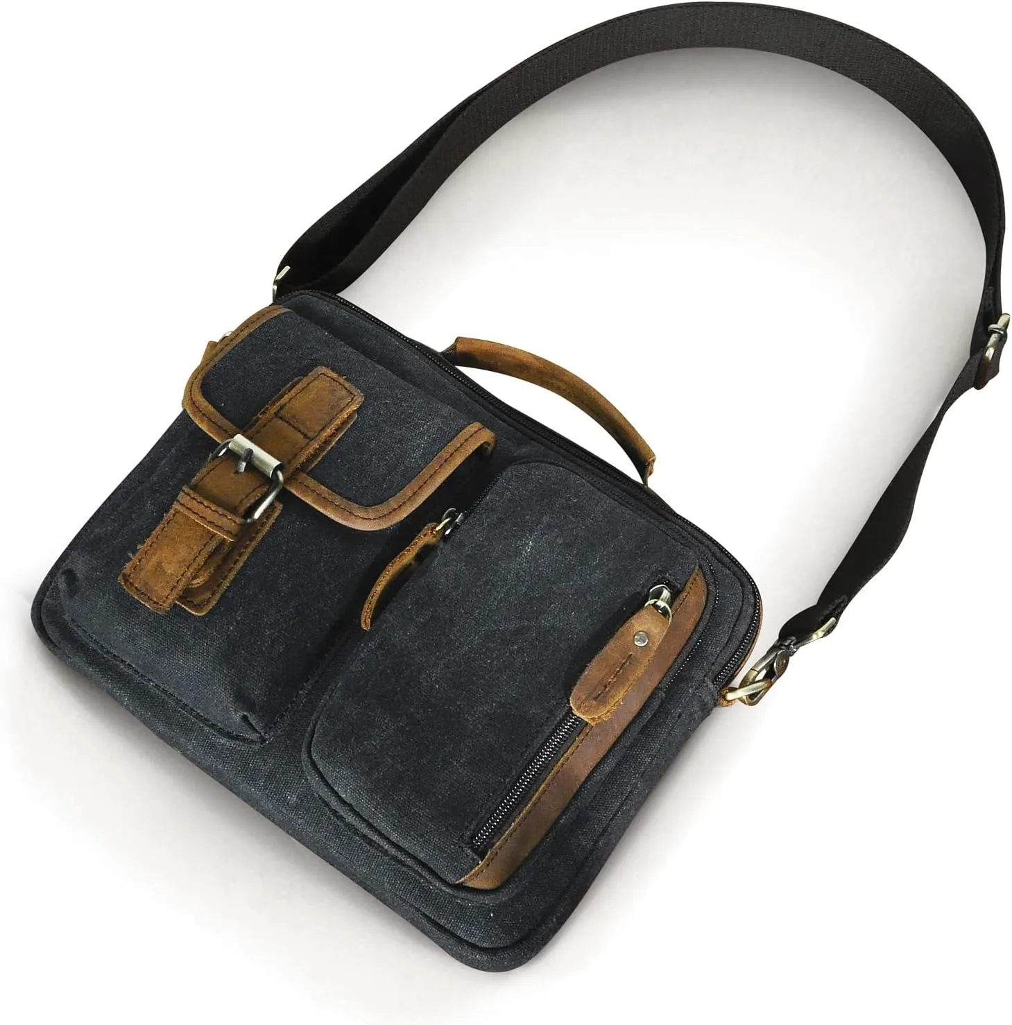 Le'aokuu Mens Canvas And Genuine Leather Cross Body Case Waterproof Messenger Bag Shoulder Satchel Tote Bag 036 (Black)
