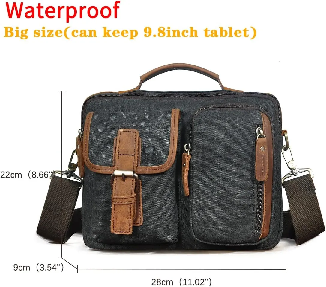 Le'aokuu Mens Canvas And Genuine Leather Cross Body Case Waterproof Messenger Bag Shoulder Satchel Tote Bag 036 (Black)