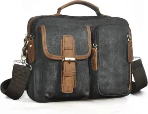 Le'aokuu Mens Canvas And Genuine Leather Cross Body Case Waterproof Messenger Bag Shoulder Satchel Tote Bag 036 (Black)