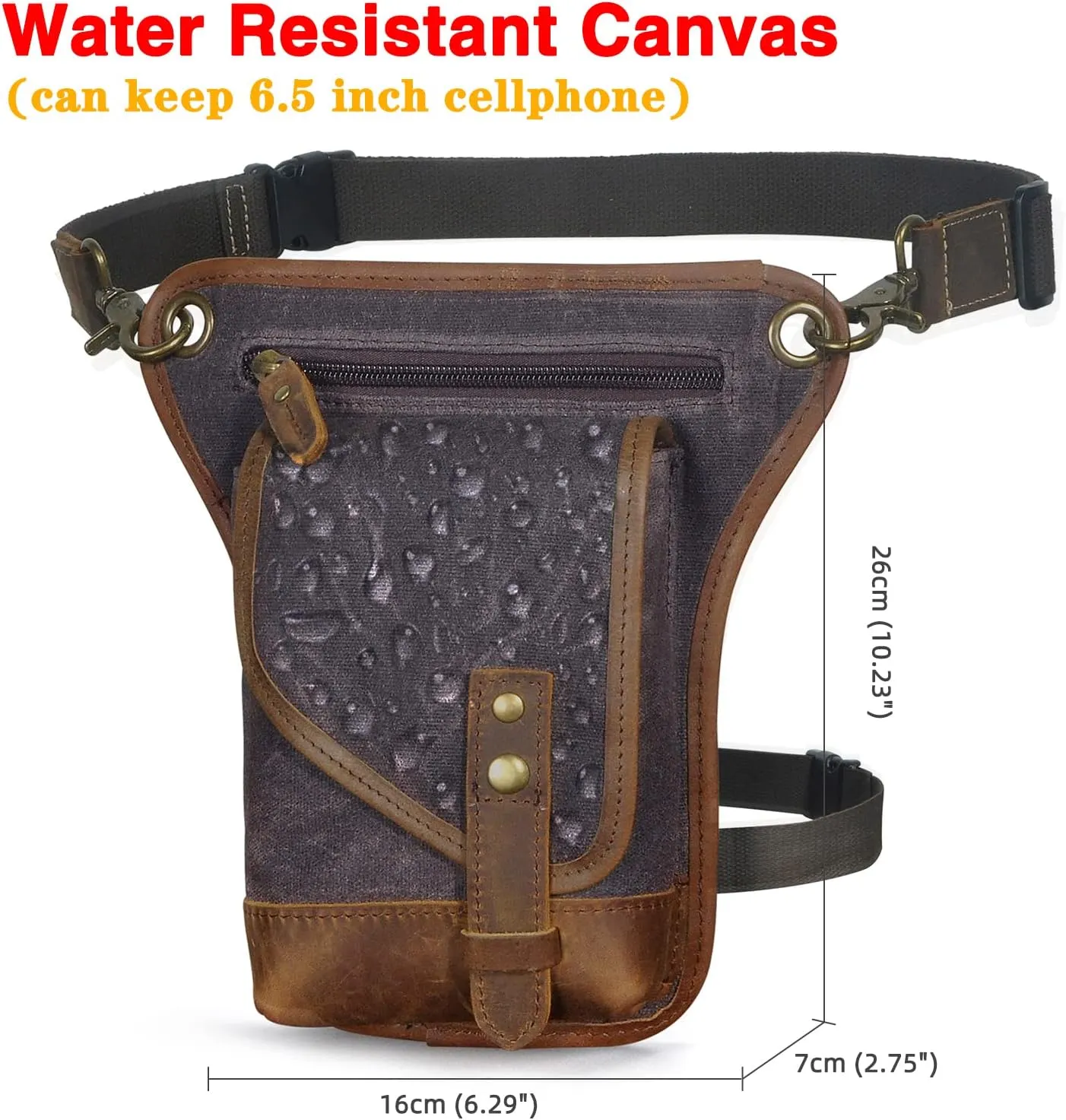 Le'aokuu Men‘s Canvas And Genuine Leather Waterproof Motorcycle Tactic Fanny Belt Waist Pack Drop Leg Thigh Cross Over Bag 211-6(0 Grey)