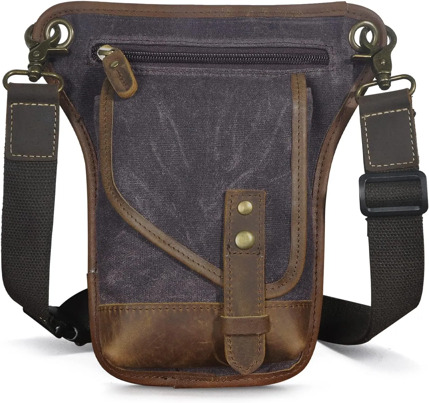 Le'aokuu Men‘s Canvas And Genuine Leather Waterproof Motorcycle Tactic Fanny Belt Waist Pack Drop Leg Thigh Cross Over Bag 211-6(0 Grey)