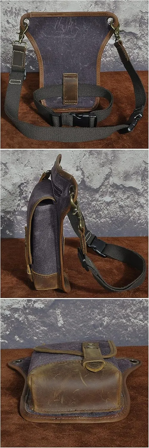 Le'aokuu Men‘s Canvas And Genuine Leather Waterproof Motorcycle Tactic Fanny Belt Waist Pack Drop Leg Thigh Cross Over Bag 211-6(0 Grey)