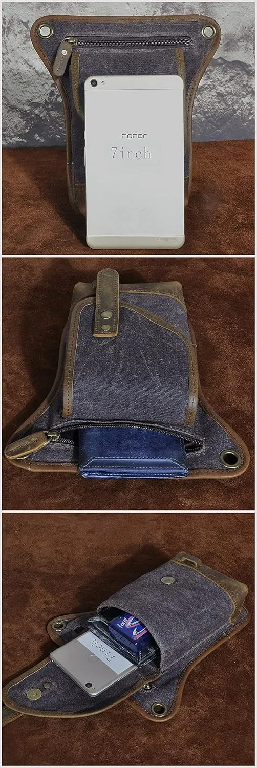 Le'aokuu Men‘s Canvas And Genuine Leather Waterproof Motorcycle Tactic Fanny Belt Waist Pack Drop Leg Thigh Cross Over Bag 211-6(0 Grey)