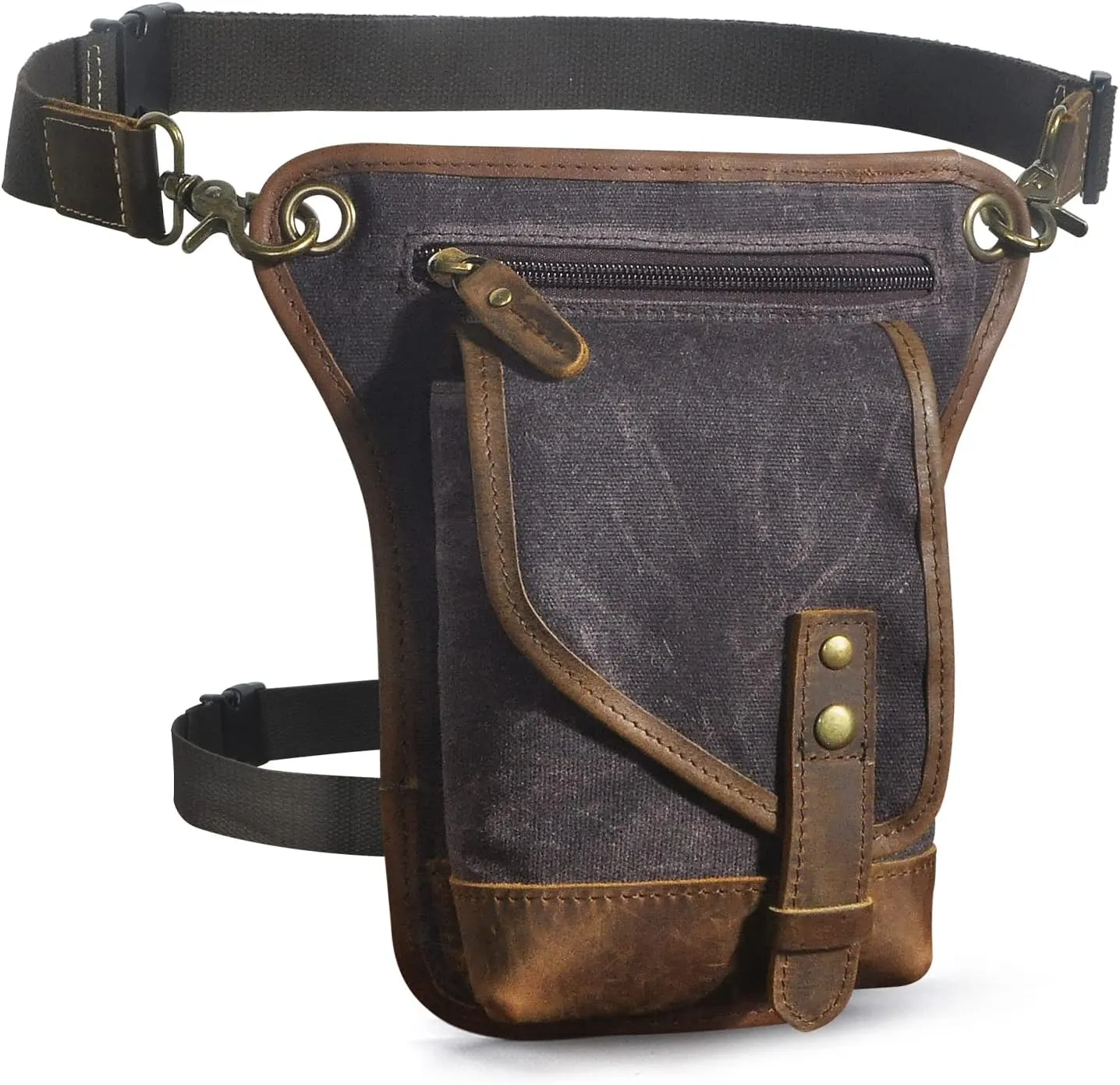 Le'aokuu Men‘s Canvas And Genuine Leather Waterproof Motorcycle Tactic Fanny Belt Waist Pack Drop Leg Thigh Cross Over Bag 211-6(0 Grey)